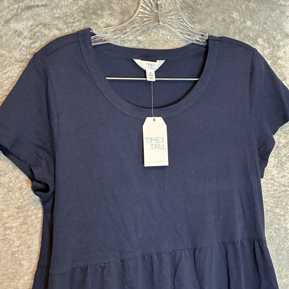 Time & Tru Women Tiered Knit Swing Dress S Pockets Crew Neck Navy Minimalist NWT
